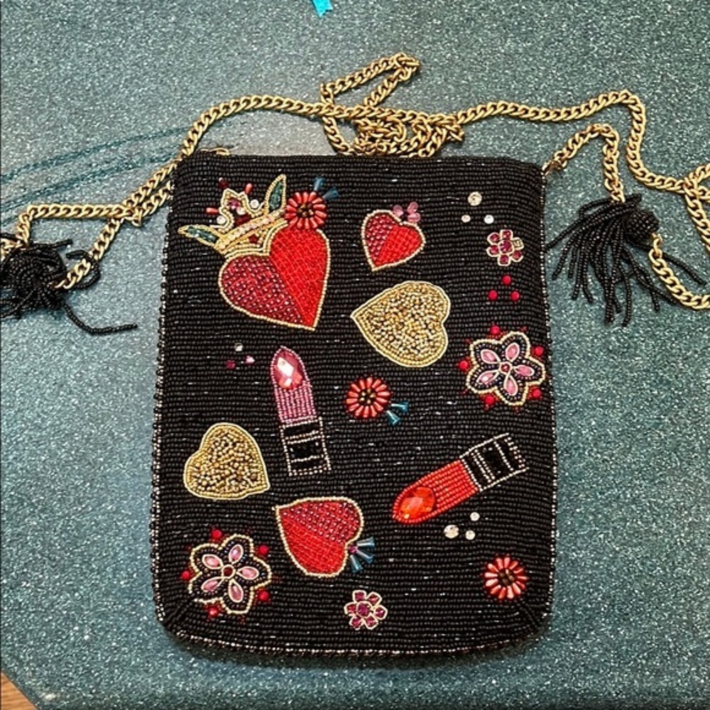 Mary Frances Black Crossbody W/ Zipper Hearts Lipsticks Sparkle